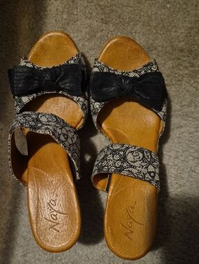 Naya Black Lace-Patterned Bow Slide Sandals